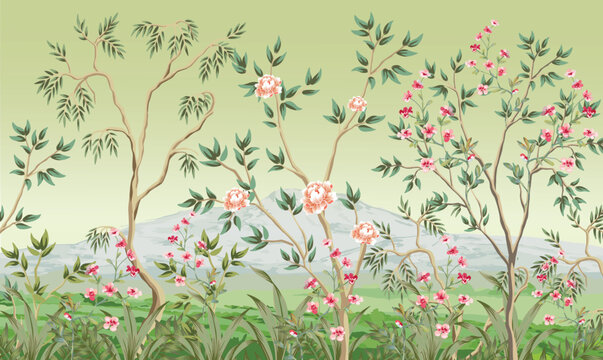 Beautiful exotic chinoiserie wallpaper. Chinese scenery landscape wallpaper. Chinoiserie, traditional oriental botanical motif.