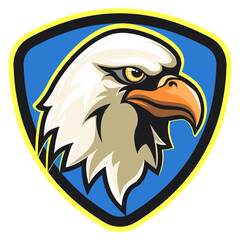 vector mascot illustration of tough american bold eagle heads on a blue rounded triangle emblem, work of hand drawn