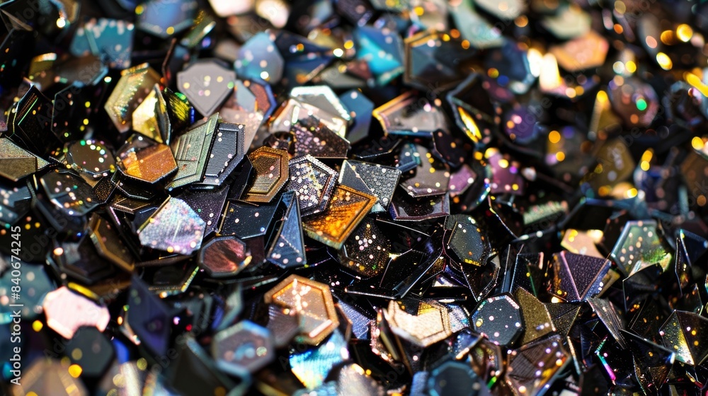 Poster a macro shot of a pile of discarded sequins their shapes and sizes varying but all coated in a layer