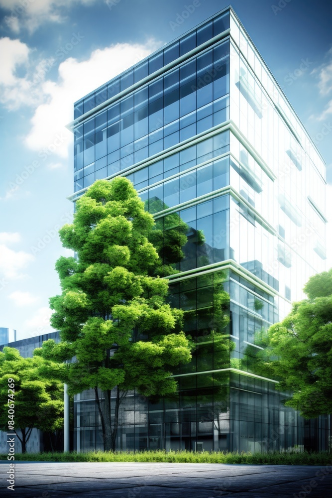 Poster a modern office building with many windows surrounded by trees and greenery