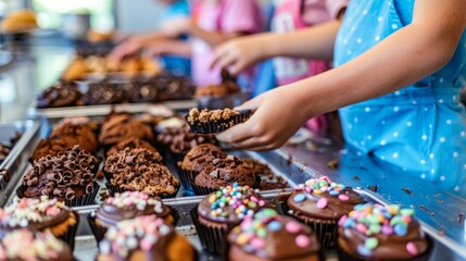A child reaches for a chocolate cupcake at a bakery counter