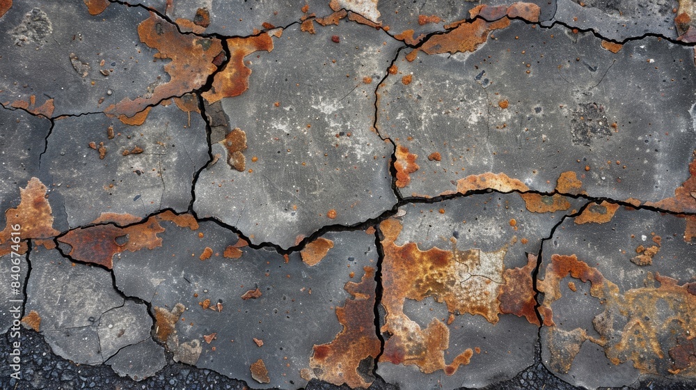 Poster a closeup of concrete pavement with a peeling and flaking surface revealing patches of rustcolored i