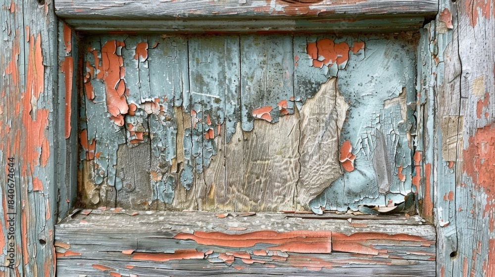Poster a weathered door or window frame showing its age through a rough pockmarked surface and patches of m