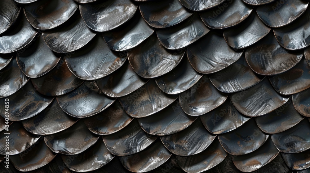 Poster distinctly curved and elongated scales resembling tiny bony plates with a smooth surface and glossy 