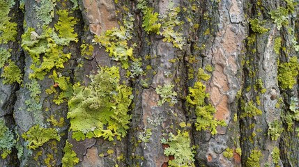 Obraz premium A zoomedin image of lichen spreading across the bark with small puffs of fuzzy white s ast the green creating a playful and whimsical texture