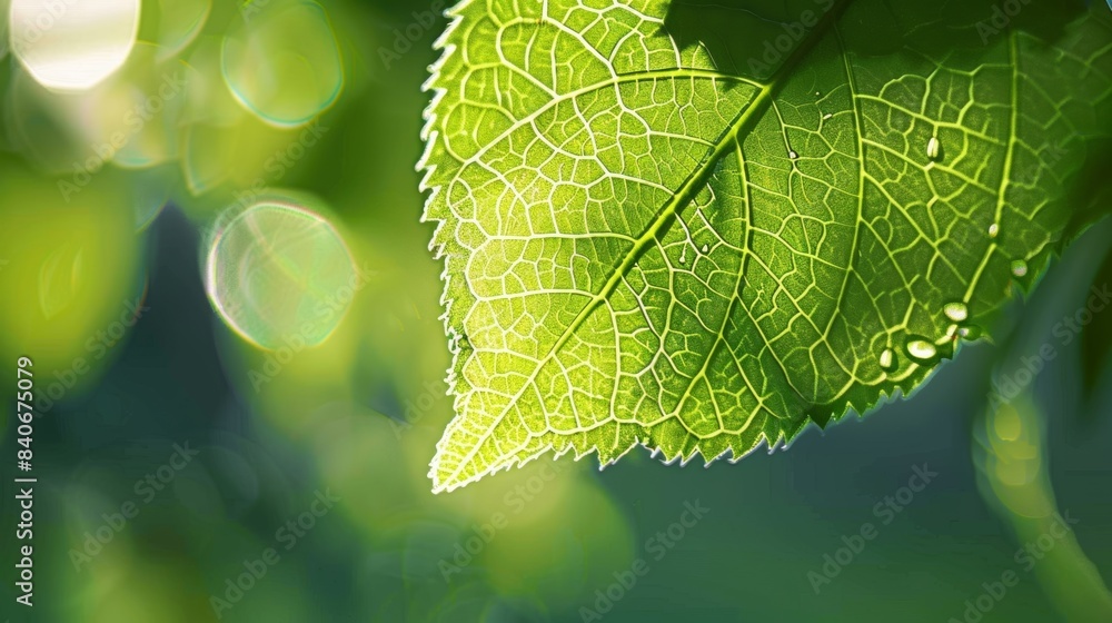 Poster a freshly picked leaf with a smooth glossy surface reflecting the sunlight in a series of intricate 