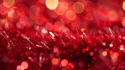 A closeup of red tinsel glimmering with tiny flecks of glitter that catch the eye