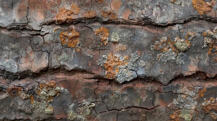 Fototapeta premium Rustic and weathered this bark texture is characterized by its aged and cracked surface displaying a rich earthy color palette with hints of moss and lichen