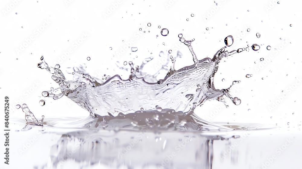 Poster high-speed capture of a water droplet creating a splash with droplets suspended in midair, against a