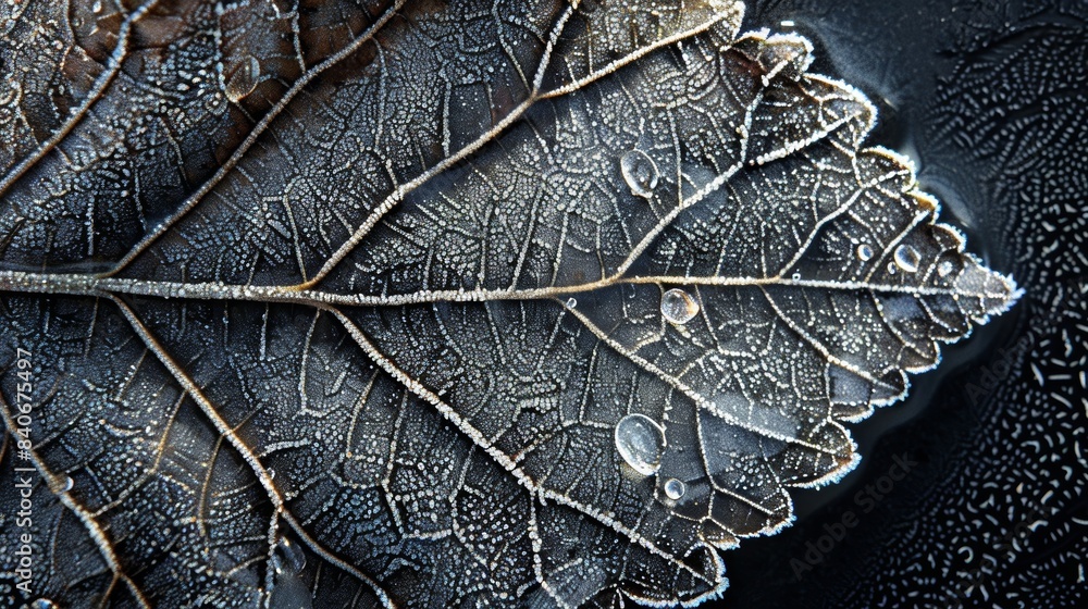 Poster intricate patterns of white ice etched onto a glossy dark leaf surface