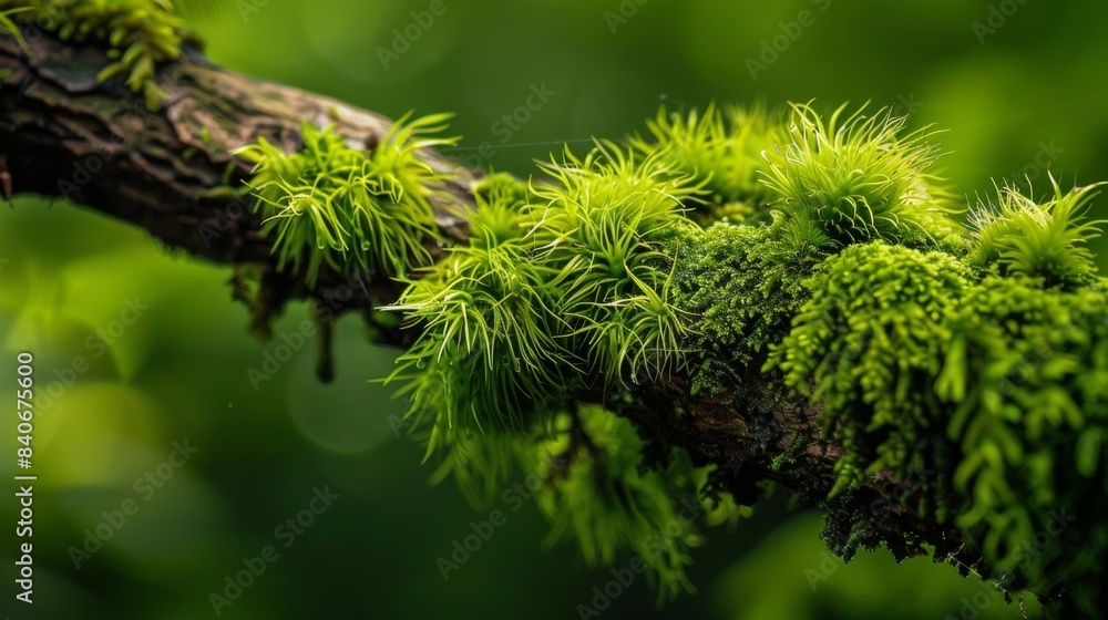 Poster the bumpy craggy texture of a sy tree branch adorned with wispy tendrils of emerald moss almost like