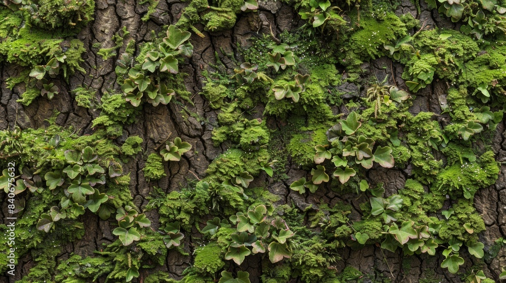 Poster an intricate pattern of tiny intricate leaves and stems of moss cover a trees surface like a detaile