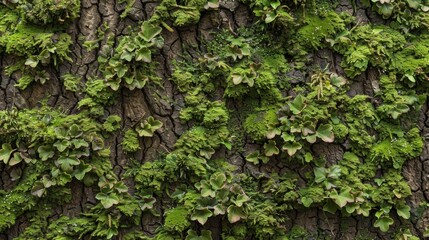 An intricate pattern of tiny intricate leaves and stems of moss cover a trees surface like a detailed tapestry