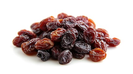 A pile of dried raisins on a white surface