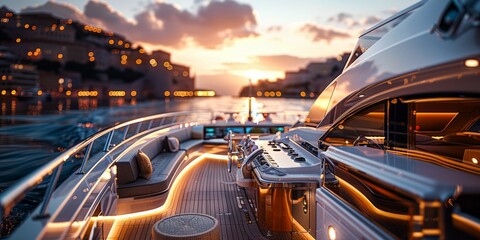 A luxurious yachts deck at sunset, overlooking a picturesque coastal town