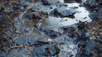 The muddy and sticky texture of a puddle after being disturbed with clumps of dirt and debris creating a lumpy and uneven appearance