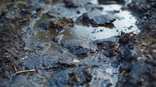 The muddy and sticky texture of a puddle after being disturbed with clumps of dirt and debris creating a lumpy and uneven appearance