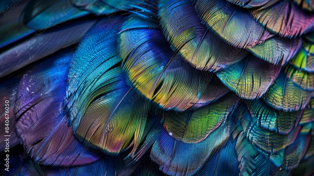Poster an upclose look at a vibrant feather pattern with bold blues greens and purples blending together in