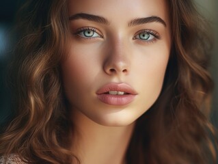 Obraz premium Close-up portrait of a woman with long hair, looking directly at the camera