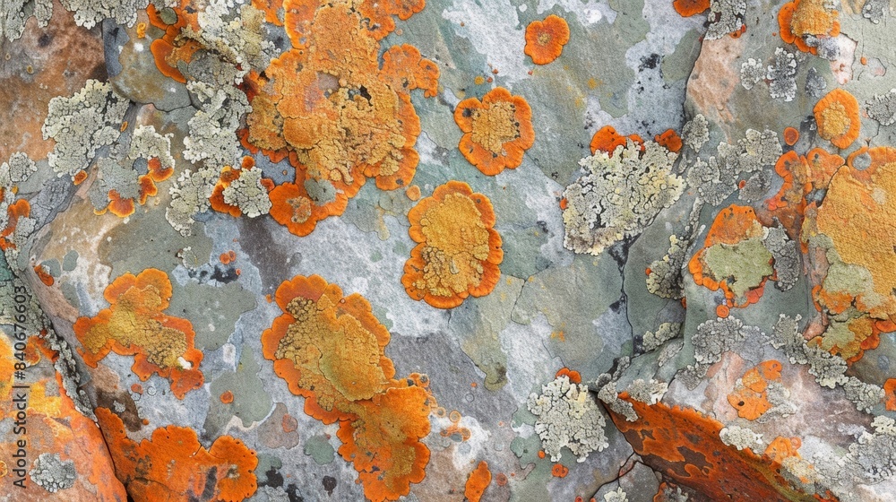 Poster an intricate pattern of vibrant orange and green lichen spreading across the surface of a weathered 