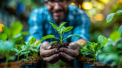 A mans hands gently cradle a small green plant in a greenhouse setting