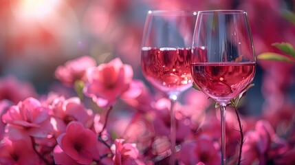Celebratory Ambiance: Party Background Featuring Pink Drink or Rose Wine in Glasses