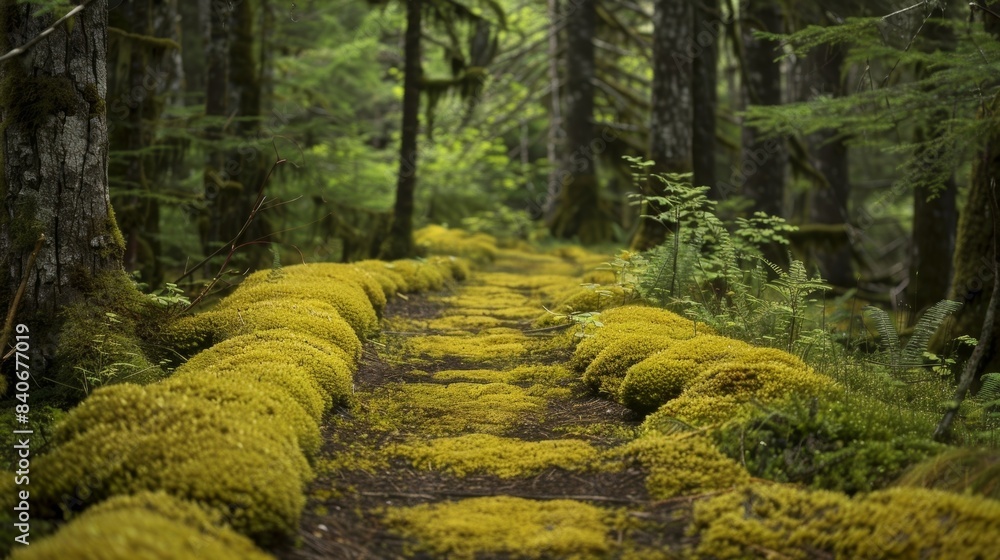 Poster a closeup of spongelike moss creating a lush and bumpy walkway surrounded by towering trees
