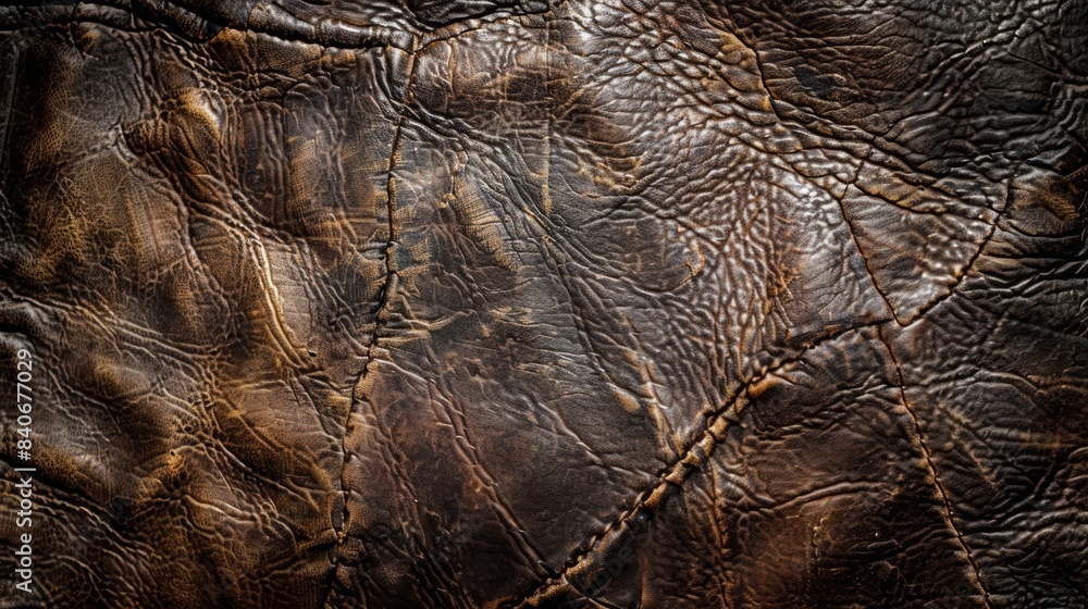 Poster deep wrinkles and scratches create a rough and textured surface on this aged leather telling the sto