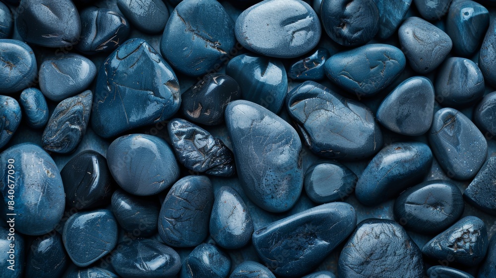 Poster a detailed view of a deep blue pebble with a smooth surface reminiscent of a riverbed. the color is 