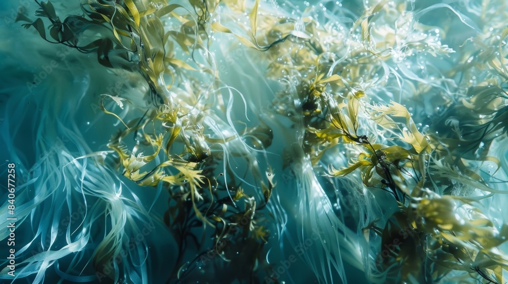 Poster a tangle of delicate thin strands of seaweed creating a natural pattern of waves and curls