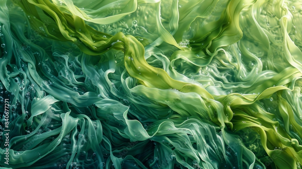 Poster the contrast of deep green and lighter shades in the wavy seaweed creating a sense of depth and move