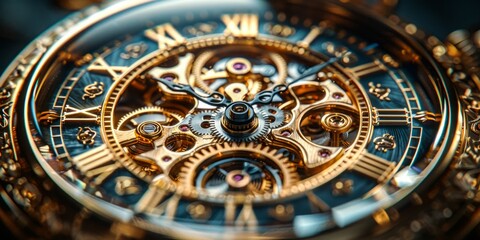 A close-up view of a gold and blue automatic wristwatch with Roman numerals