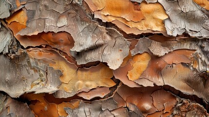 The papery and peeling layers of bark create a jagged and torn texture revealing the inner layer of fresh smooth bark underneath