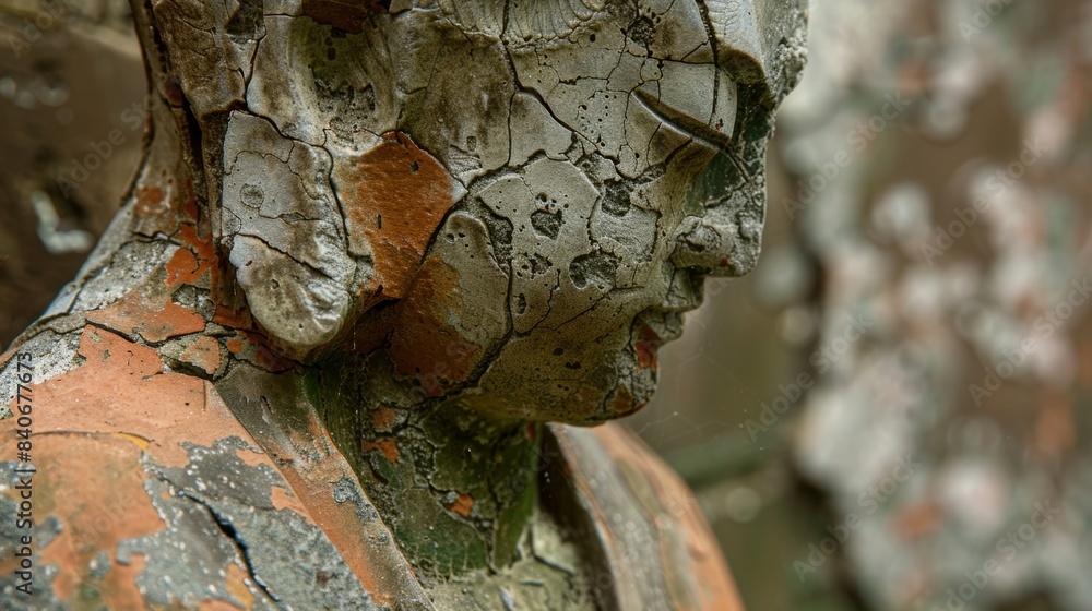 Poster a closer look at a terracotta statue displaying a worn and chipped surface with visible layers of pa