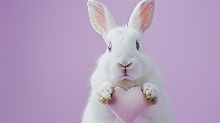 Obraz premium Attentive White Rabbit with Perked Ears and Soft Fur Against a Serene Purple Background, a Symbol of Curiosity