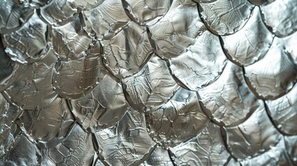 A closeup of a shimmering silver embossed paper resembling the texture of dragon scales