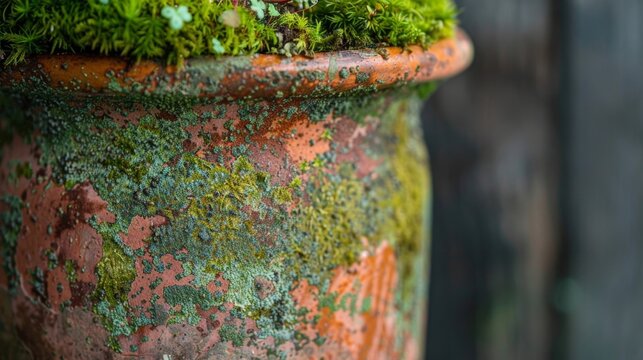 Closeup of a terracotta vase covered in moss showcasing a combination of rough and smooth textures with vibrant green accents