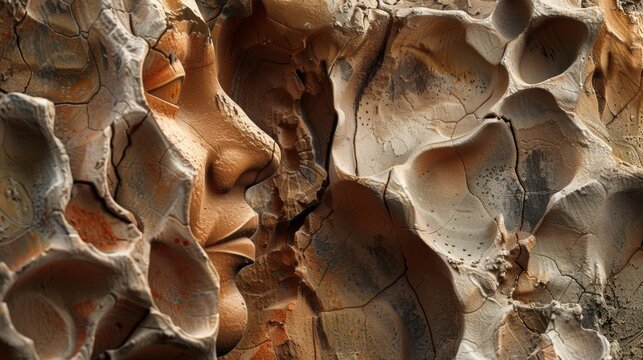 The intricate details of a weathered terracotta sculpture highlighting the rough and porous texture created by years of exposure to the elements