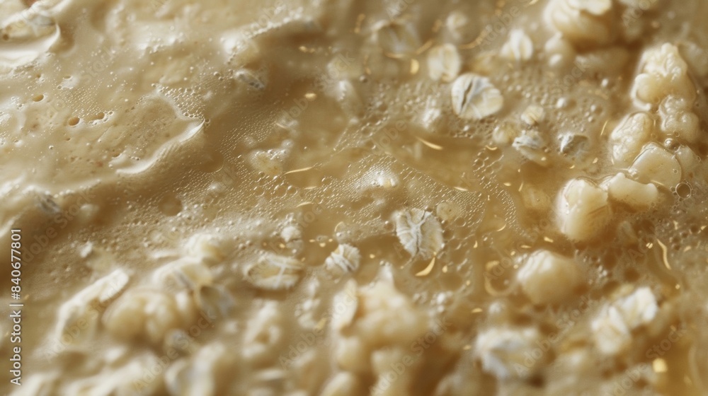 Poster a zoomedin image of the surface of a bowl of lumpy oatmeal showing the uneven and irregular pattern 