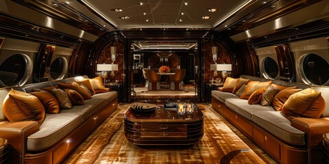 The interior of a private airplane cabin with plush brown leather seating, a coffee table, and a view of a dining area in the background