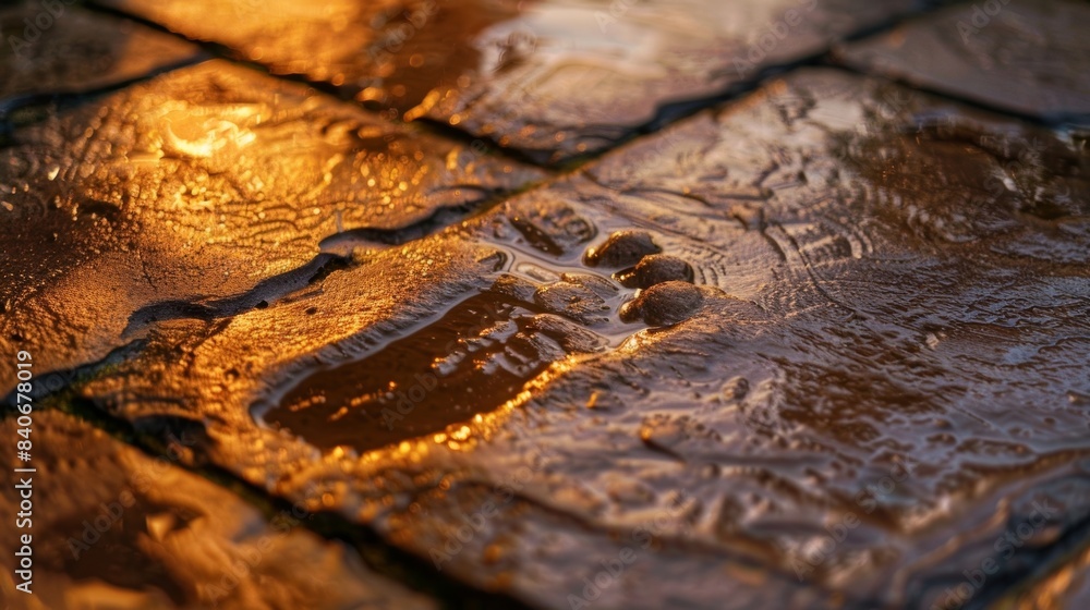 Poster a closeup of a muddy footprint on a glossy tile floor with the reflection of light highlighting the 