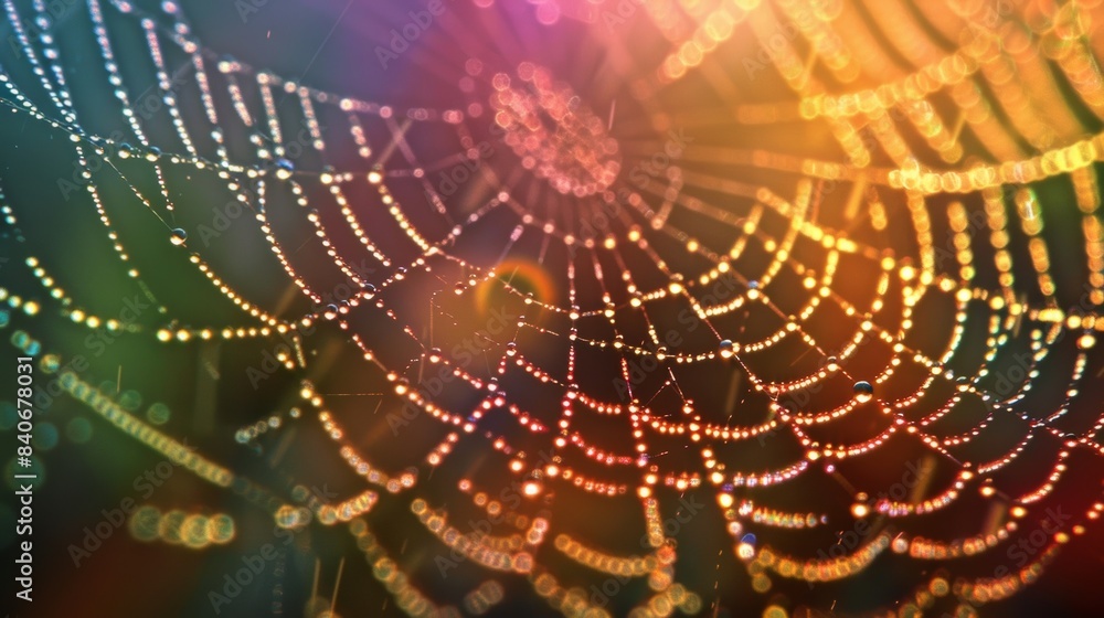 Poster a spider web dripping with dew catching the sunlight and casting a prism of colors throughout the in