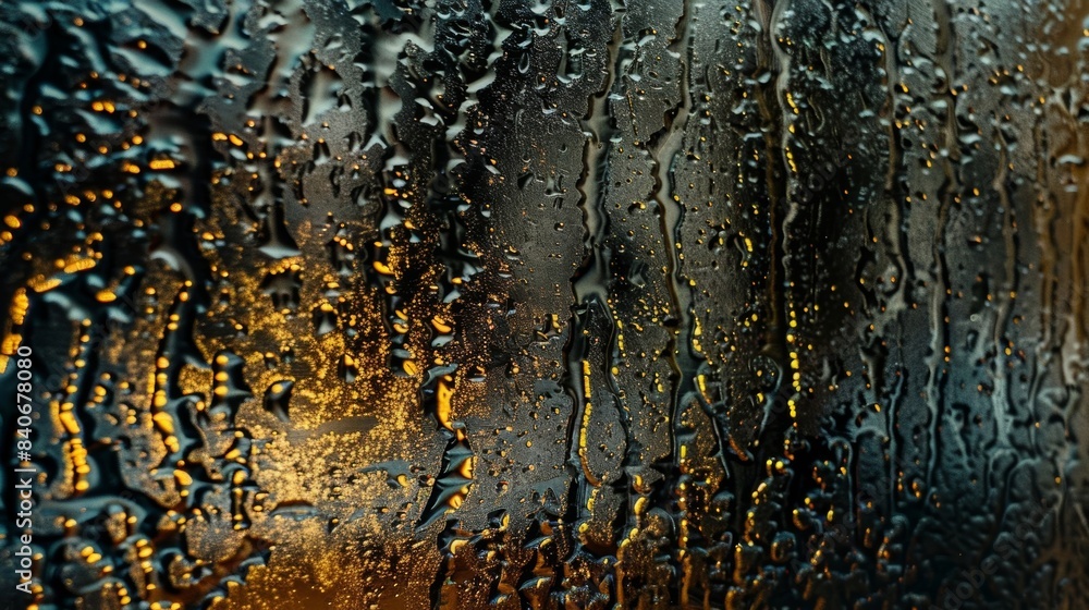 Poster a closeup of a rainspattered window with each water droplet creating its own miniature reflection of