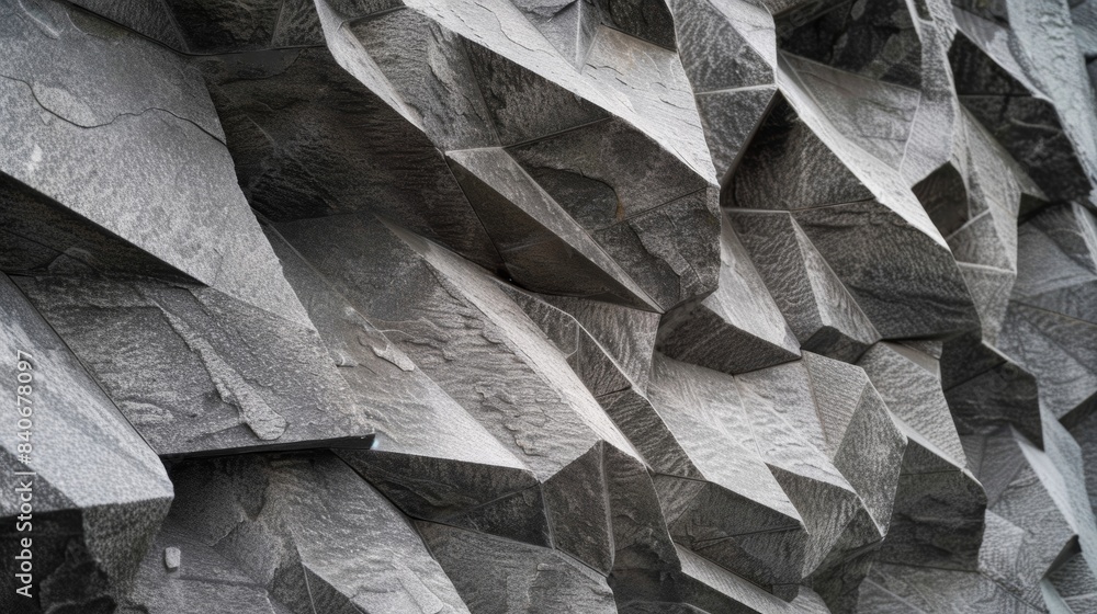 Poster the sharp angles and deep sharp grooves of chiseled stone giving it a dramatic and imposing presence