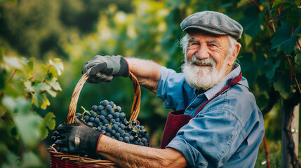 Senior farmer in a field with grape.