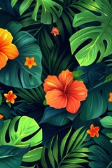 Lush Tropical Foliage With Bright Orange Flowers