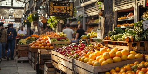 A bustling market scene showcasing colorful fruit and vegetable stalls in the bright sunlight