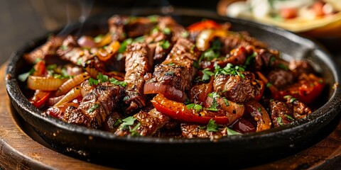 A close-up view of a sizzling skillet filled with steak fajitas, peppers, and onions