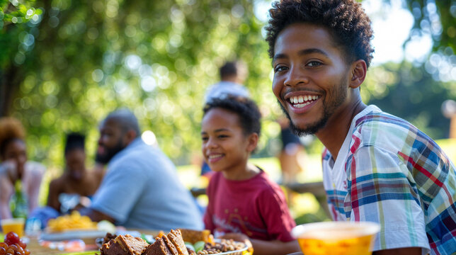 A Cheerful African American Family Sharing a Joyful Moment at a Park Picnic, with a Young Boy and His Father Smiling at the Camera.
