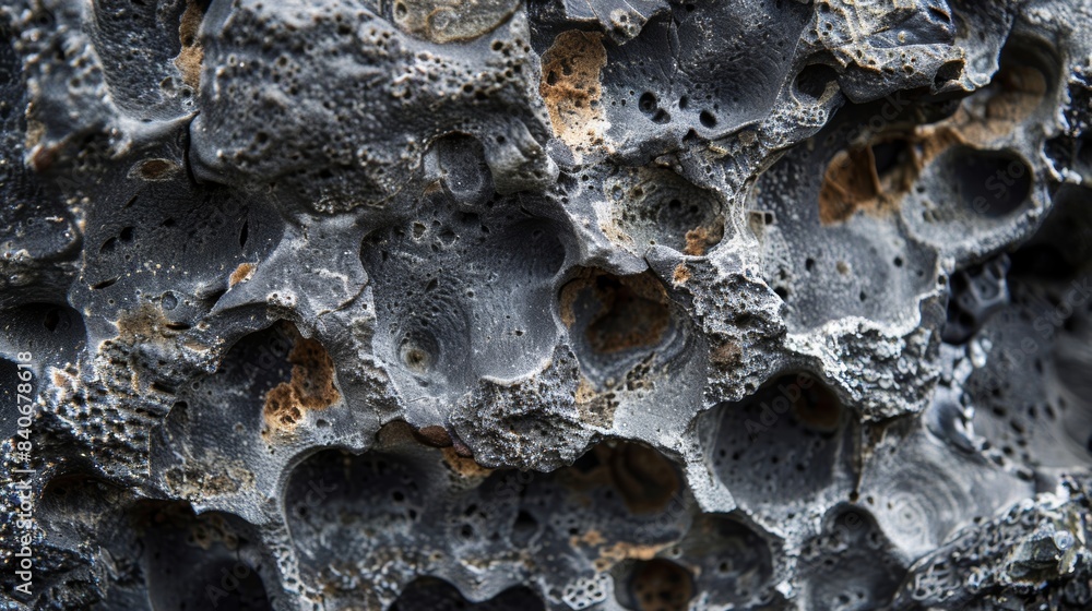 Poster a macro view of a porous lava rock capturing its gritty and porous surface in stunning detail with l
